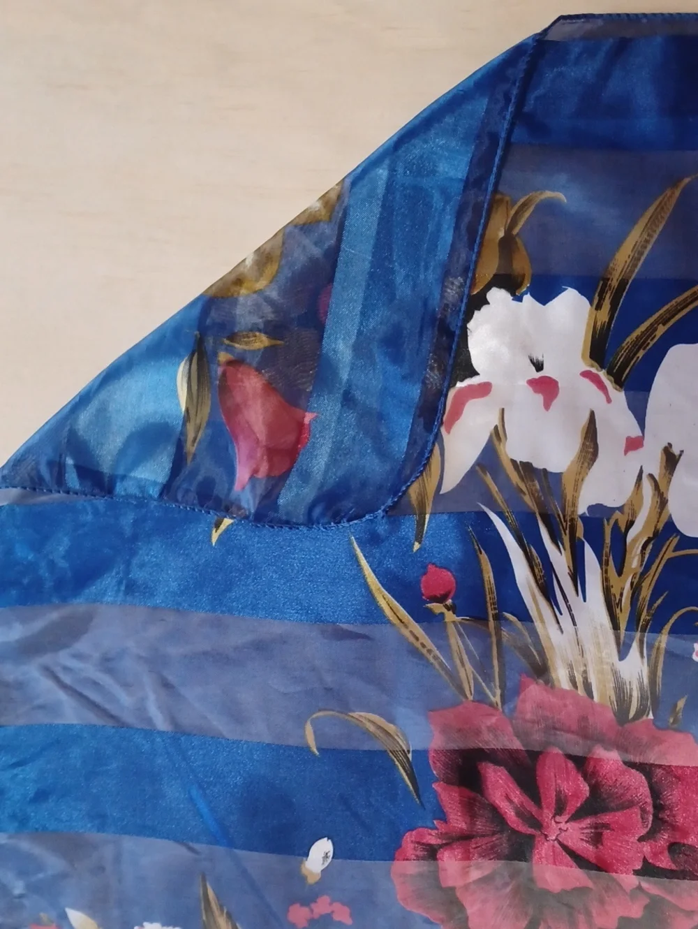 Vintage Floral Striped Square Scarf Blue Chiffon Satin 39×39 Grandma-Core